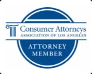 A blue and white logo for the consumer attorneys association of los angeles.